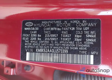 2020 Hyundai Kona Sel Plus из США, поврежденный, VIN KM8K62AA0LU573399